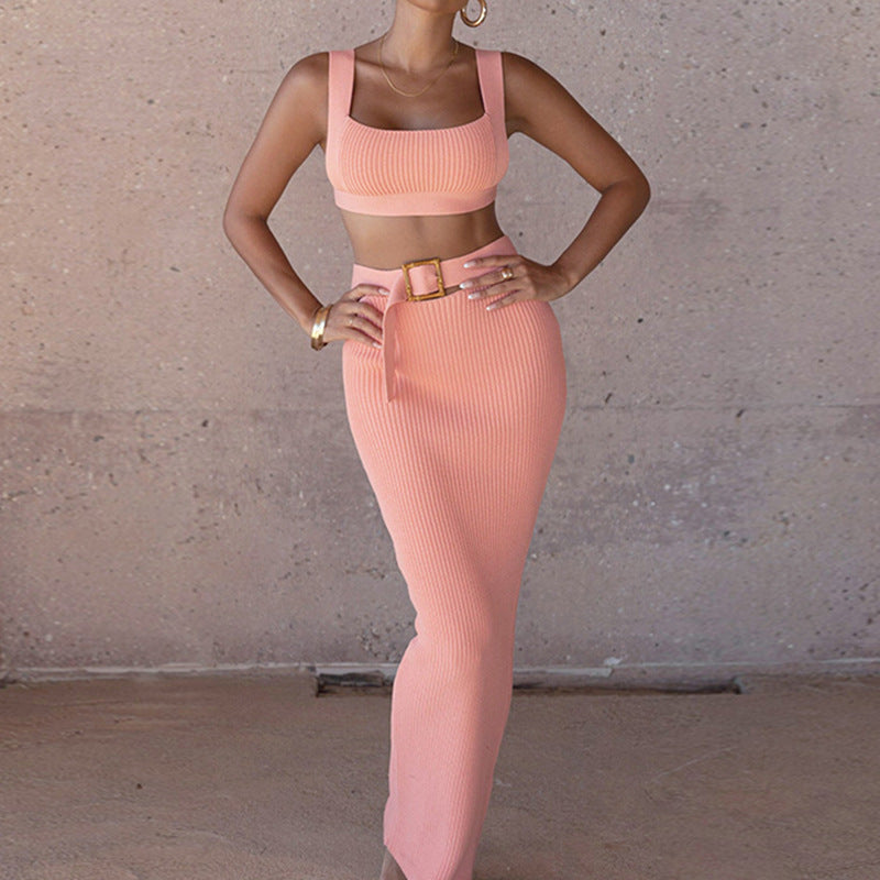 Dame Ribbestrik Two-Piece Sæt med Belte og Crop-Top Stilla