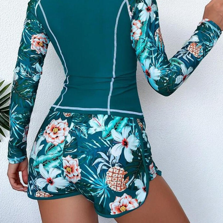 Dame langærmet sport-badesæt med blomsterinder og shorts Stilla