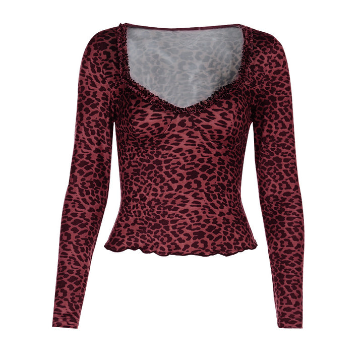 Dame elegant leopardmønster langærmet top Skovae