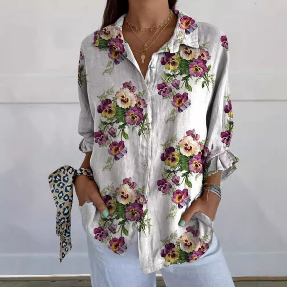 Dame nan lette linnedlook-skjorte med blomsterprint, løs pasform, opkræftelige ærmer og sidelommer Skovae