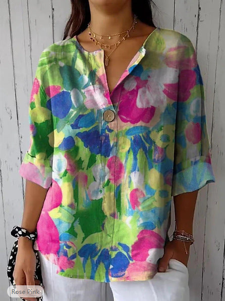 Dame luftig bluse med blomsterprint og knapdetalje Stilla