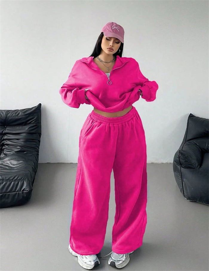 Damerne komfortable fleece loungewear sæt med løs pasform og halvlængde lynlås Skovae