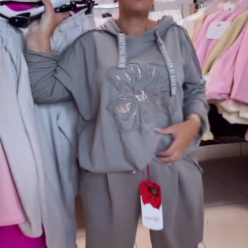 Dame nan afslappet Lounge-sæt med blomster-pailletter-hoodie, snøre og bredt buksefold Skovae