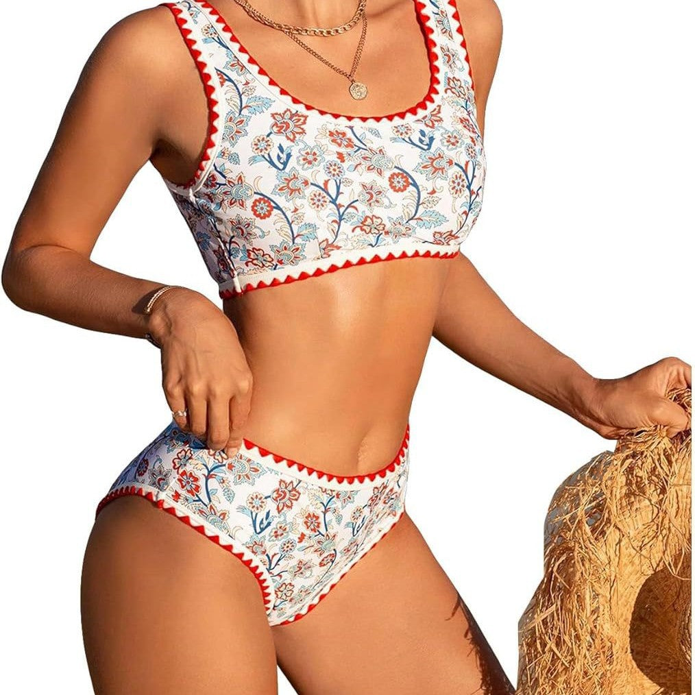 Dame højtaljede bikini-sæt med blomstermønster Skovae