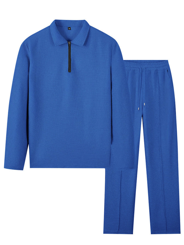 Unisex nan Vaffelstruktur Fritids-sæt med Halvzip-Polo-shirt og elastisk Bundbukser Skovae