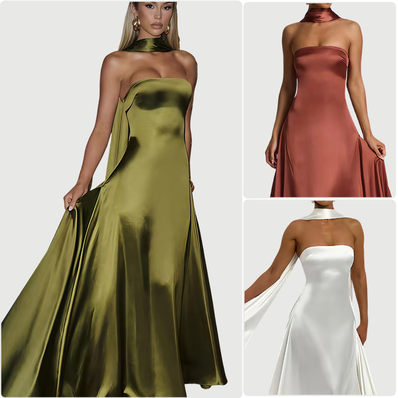 Kvinders bandeau maxi kjole med stilfuld halspryd og flydende satin