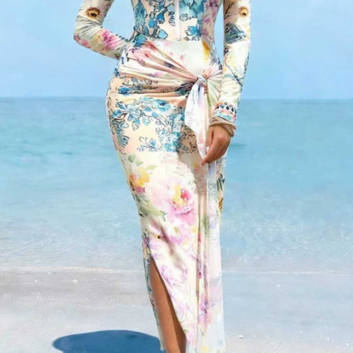 Dame Elegant Langærmet Strandkjole med blomsterdesign Skovae