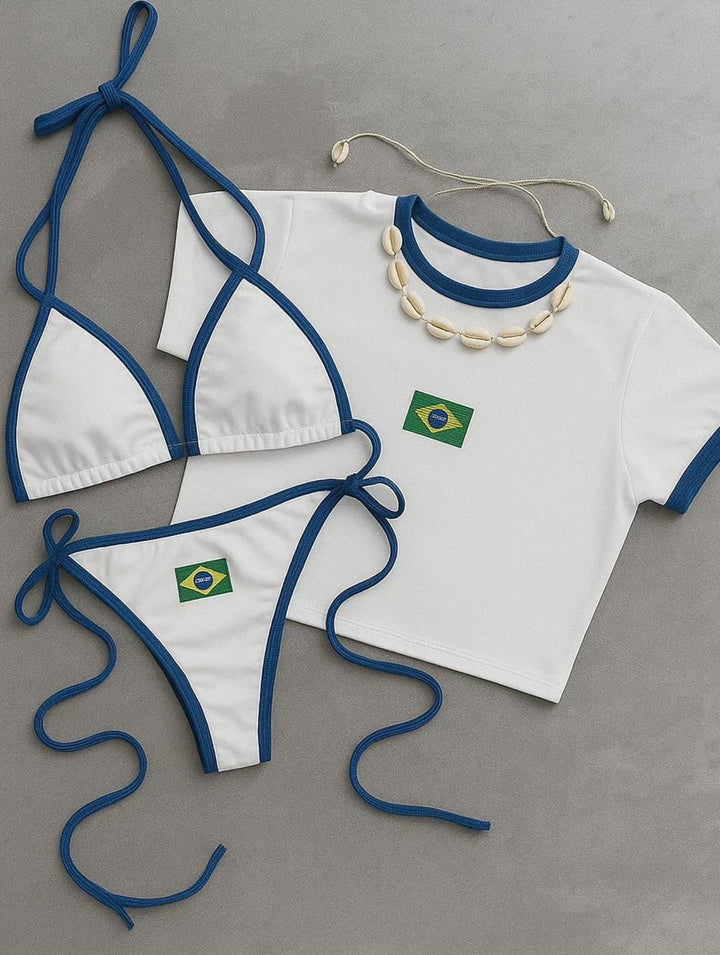 Dame bikini-sæt med sporty crop top og trendy Brasilien-flag design skovae
