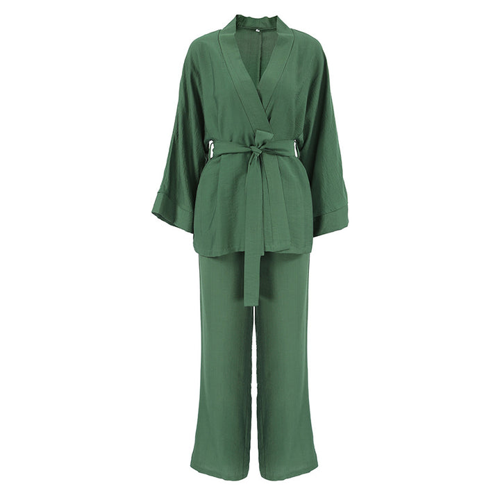 Dame trendy loungewear-sæt med bred kimono-overdel og løs bukser Stilla
