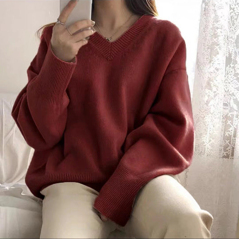 Kvindernes chunky strik V-hals sweater med en afslappet pasform og oversized ærmer Stilla