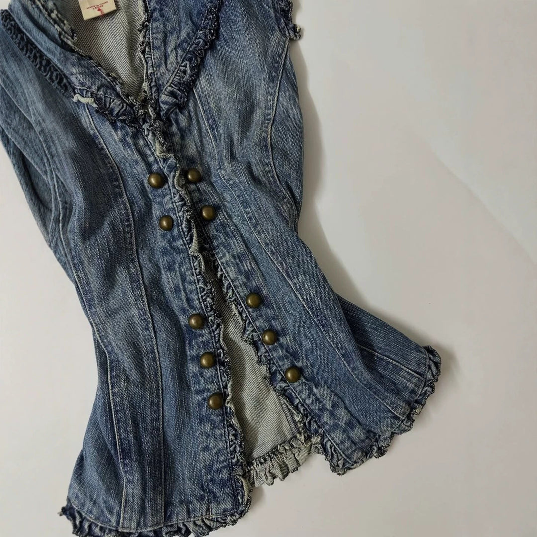 Dame denimvest med legende flæse-design Skovae