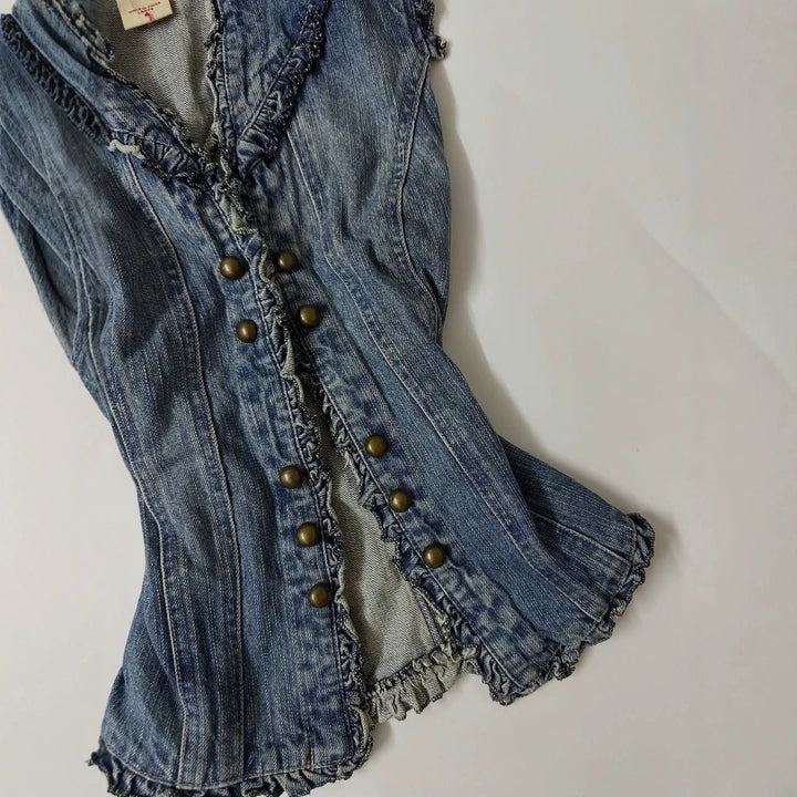 Dame denimvest med legende flæse-design Skovae