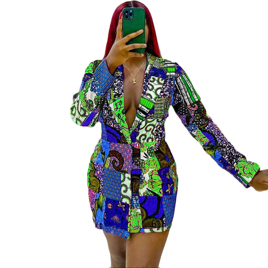 Dame Lang Blazer med farverig Patchwork-design og dekorativ krave Stilla