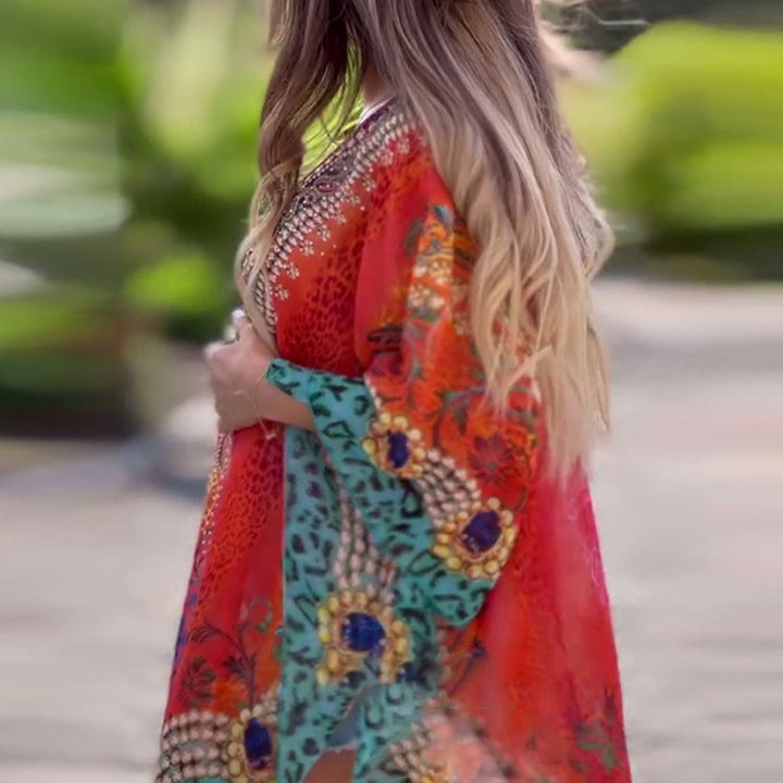 Dame Kaftan Kjole med blomster mønster og bredskårne ærmer Stilla