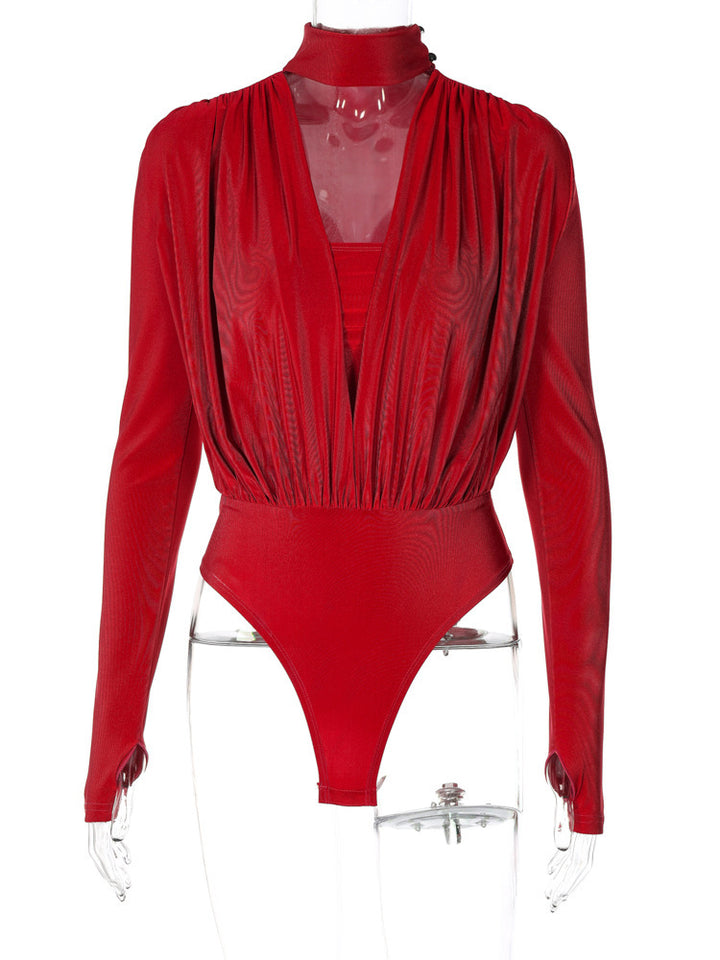 Dame Elegant Langærmet Bodysuit med højtstående Krave og gennemsigtig Indsats Stilla