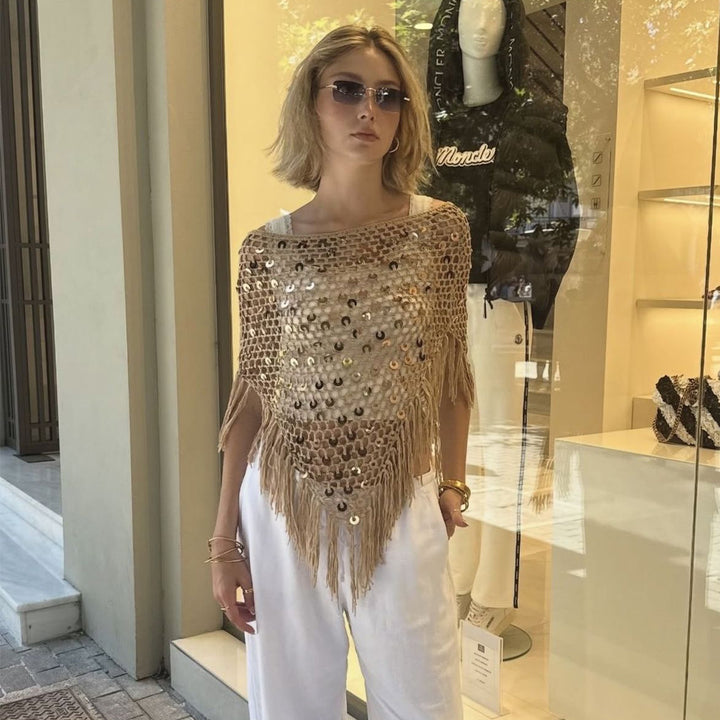 Dame dekorativ spids poncho med elegante palietter og frynser Skovae
