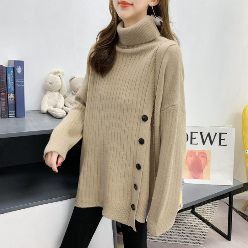 Kvinder Elegant Turtleneck Sweater med Knap Placket Stilla