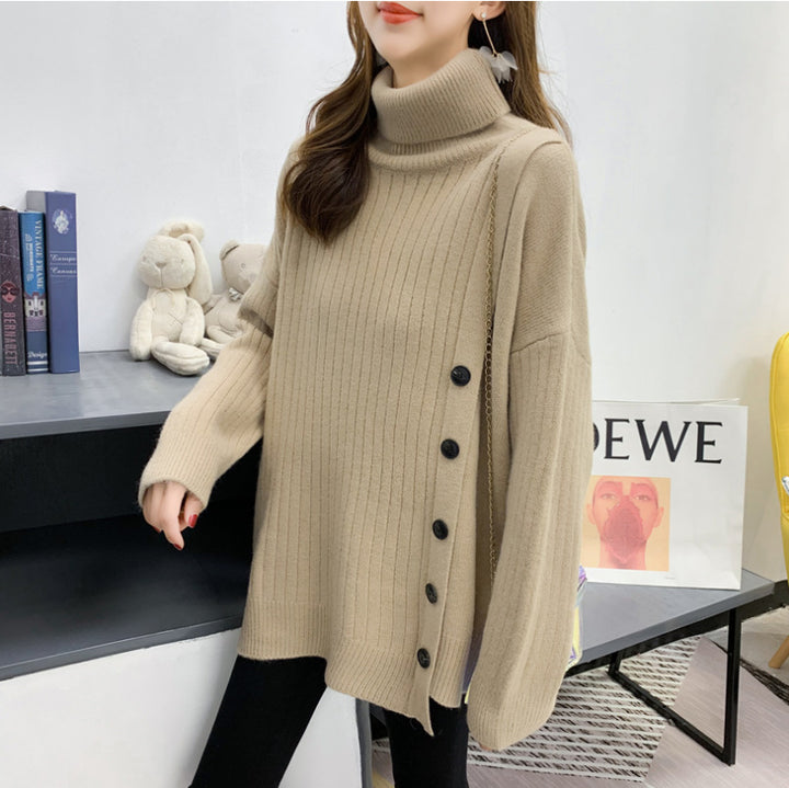 Kvinder Elegant Turtleneck Sweater med Knap Placket Stilla