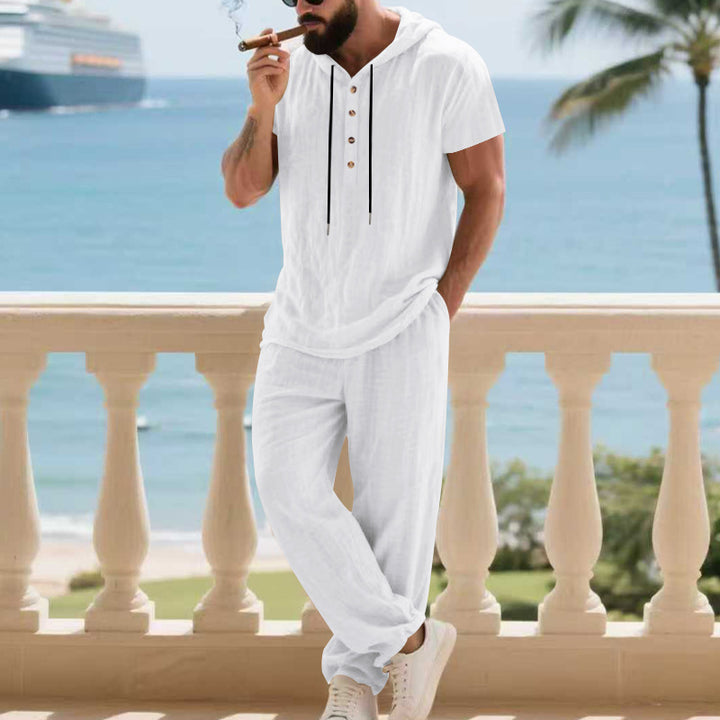 Herre afslappet kortærmet bukse-sæt med hætte og praktiske knapper Stilla