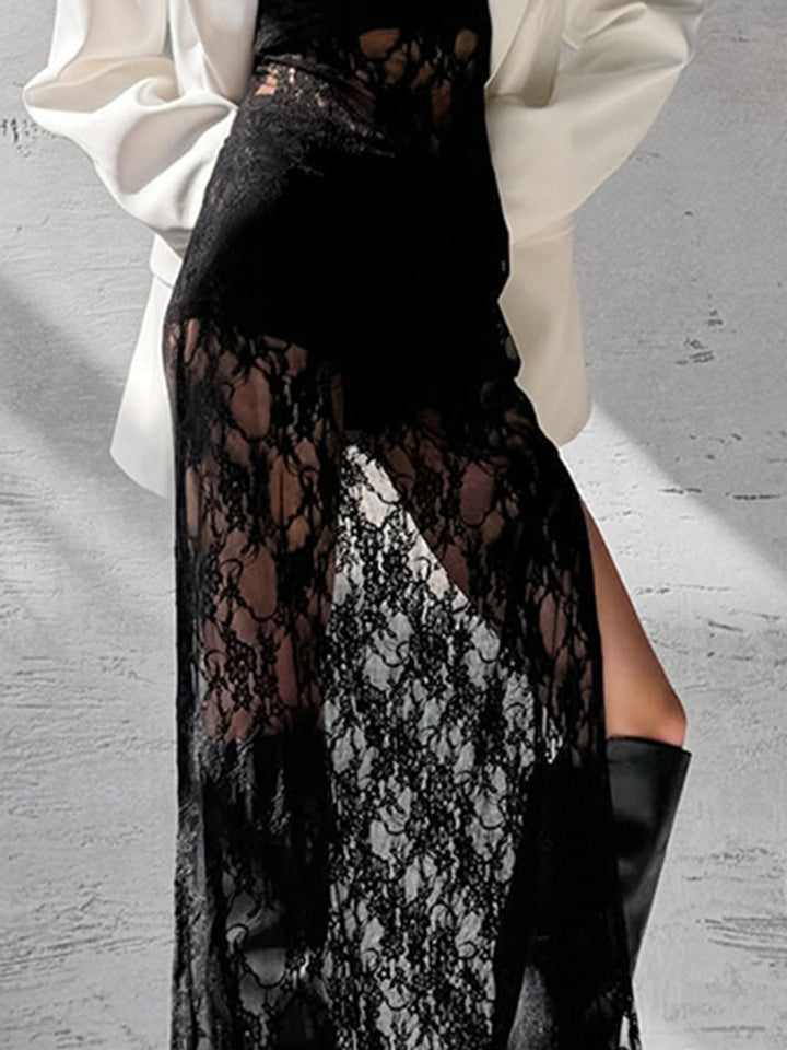 Dame Elegant blazer-outfit med gennemsigtig spidspullover lang jakke Stilla