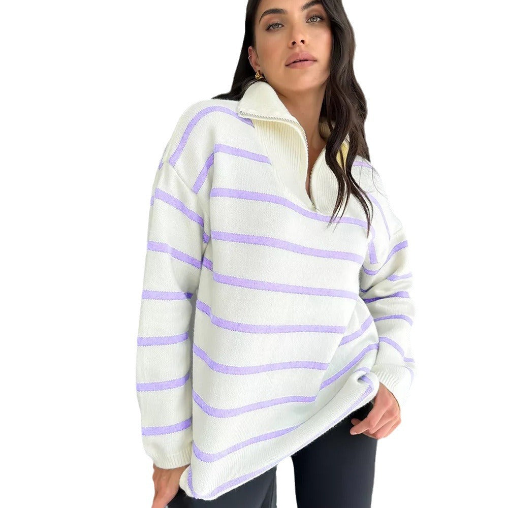 Femme Stribet Fjerde-Zipper Strikkegenser Stilla