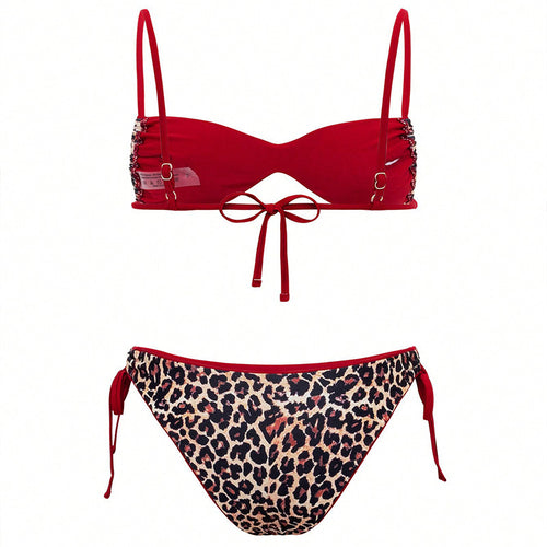 Dame triangle-bikini med fashionable bindsnor og stilfuldt leopardmønster Skovae