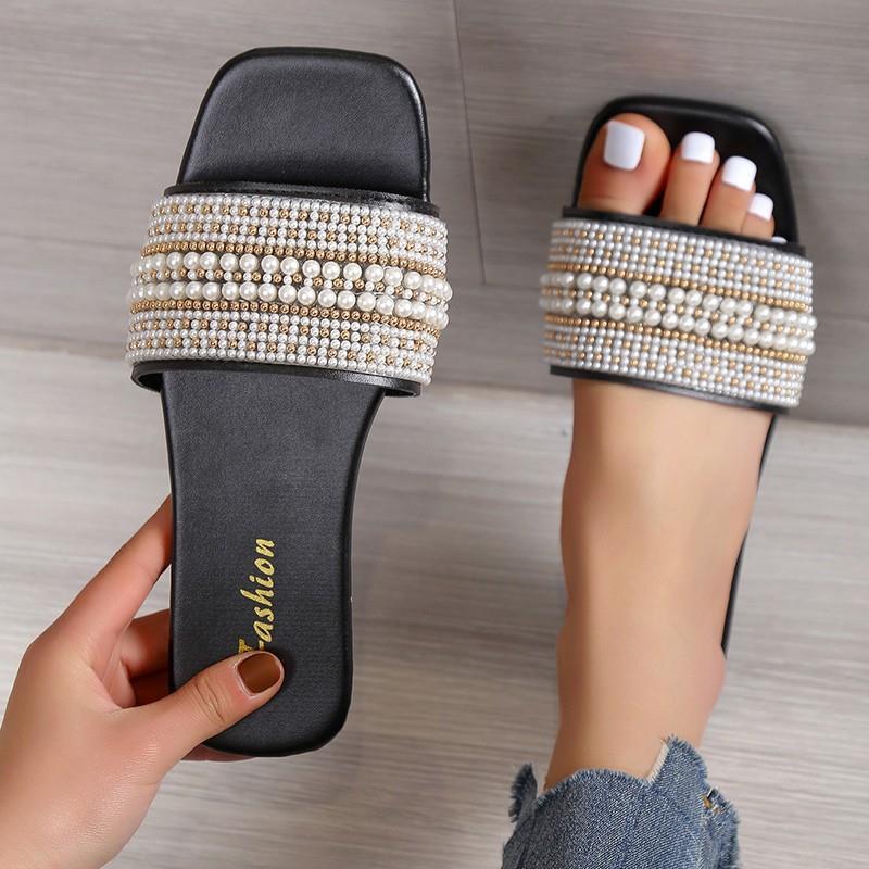 Dame Elegante Slides med Perledekoration Stilla