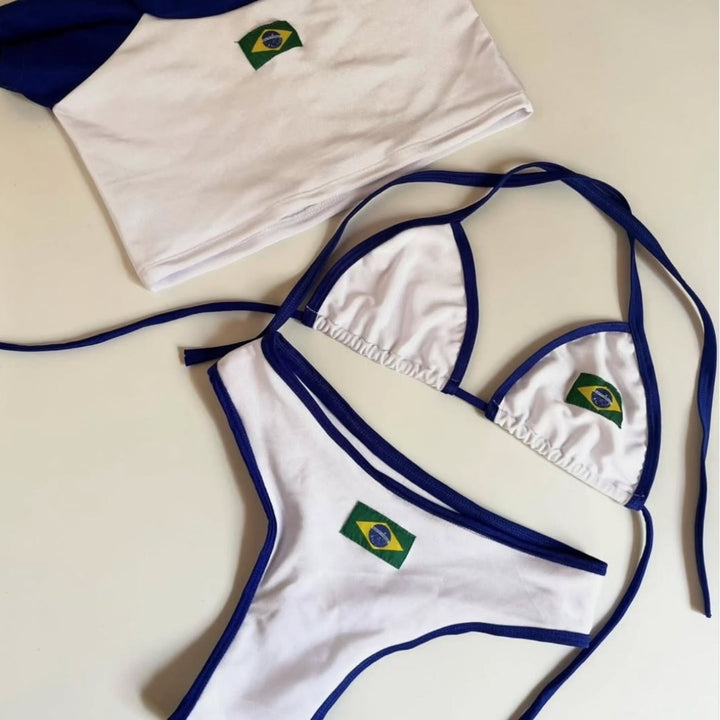 Dame bikini-sæt med sporty crop top og trendy Brasilien-flag design skovae
