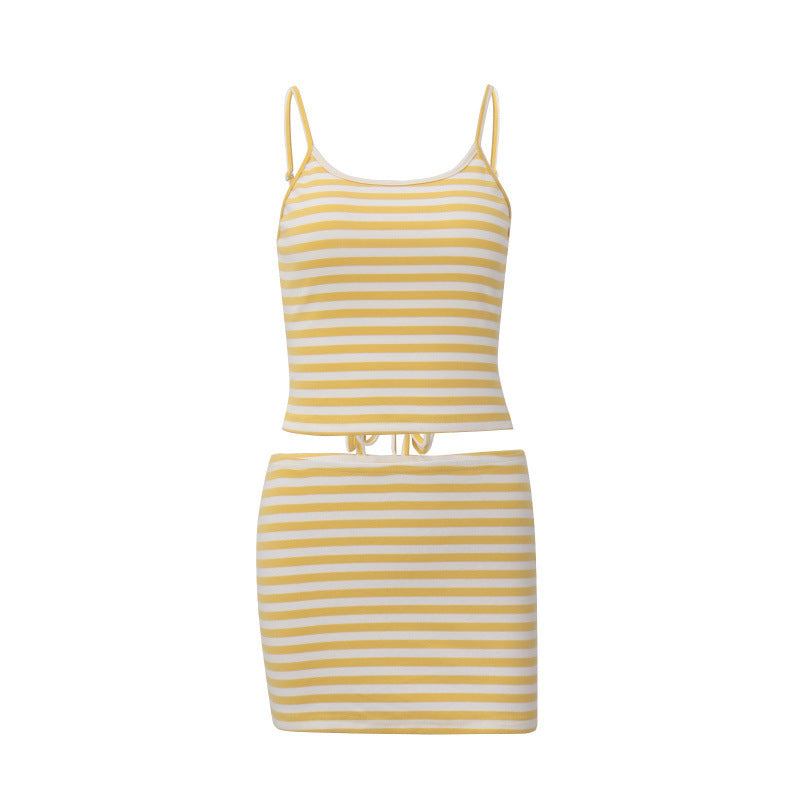 Damen Sommerliches Mini-Rock-Set mit gestreiftem Top und elastischer Passform Skovae