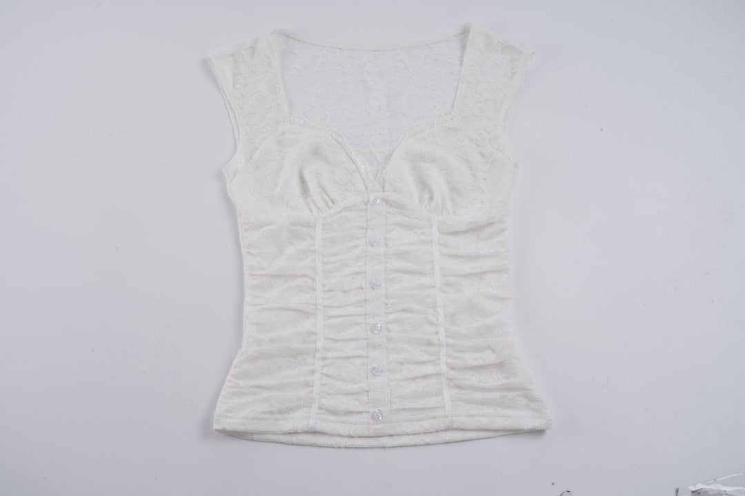 Dame Blonde-Cropped-Top med elegant V-udskæring og flæse detaljer Skovae