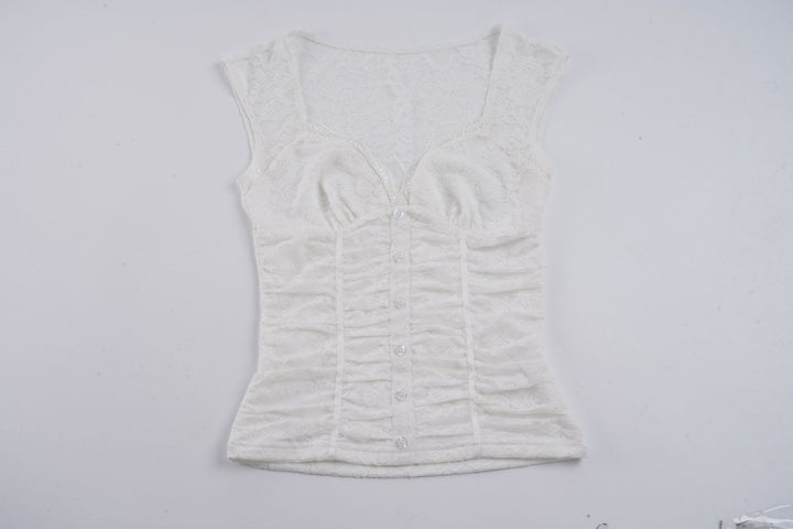 Dame Blonde-Cropped-Top med elegant V-udskæring og flæse detaljer Skovae