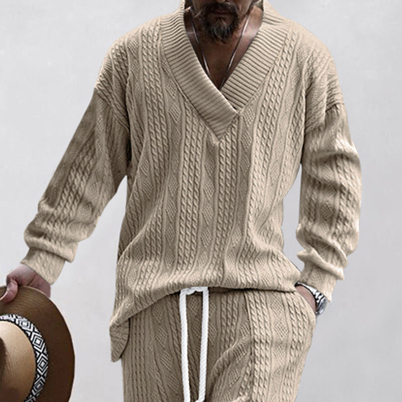 Herren nan Oversize Fletmønster-Longpullover med dyb V-halsudskæring og matchende strikbukser Skovae