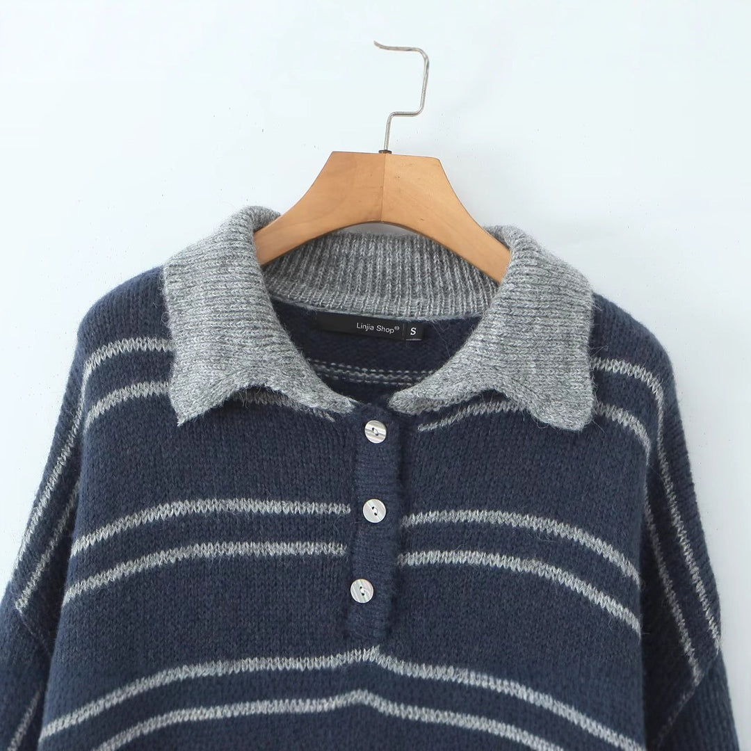 Kvinders afslappet sweater med kontrasterende krave og moderne striber Stilla