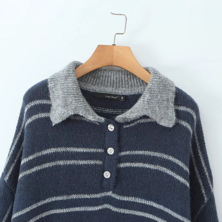 Kvinders afslappet sweater med kontrasterende krave og moderne striber Stilla