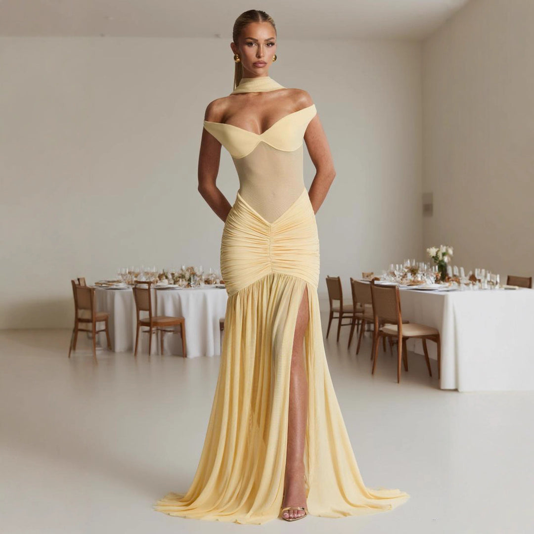 Kvinder Elegant Maxi Kjole med Off-Shoulder Design og Rynkning Stilla