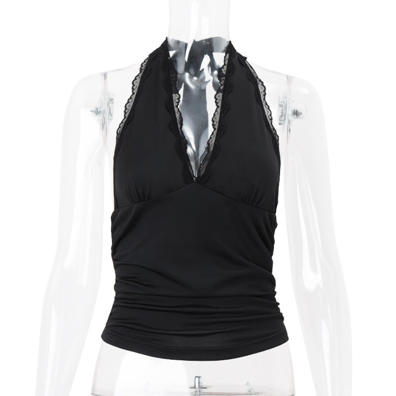 Dame Halterneck-top med elegant spidsdetailed og figurskabende design Stilla