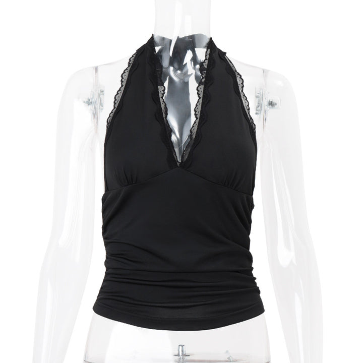 Dame Halterneck-top med elegant spidsdetailed og figurskabende design Stilla