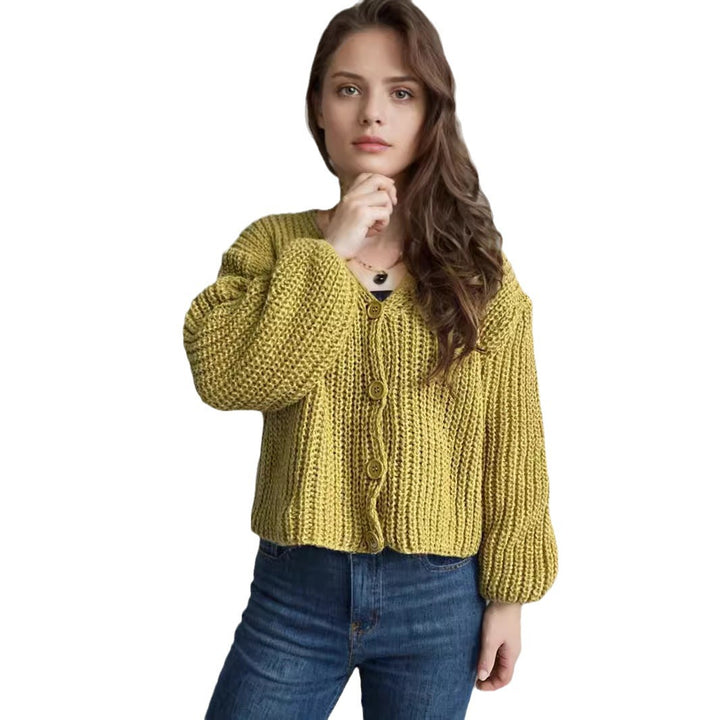 Kvinders cropped cardigan med chunky strikstruktur og store knapper Stilla