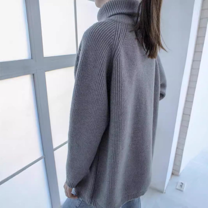 Dame afslappet strikpullover med asymmetrisk lynlås og stor krave Stilla