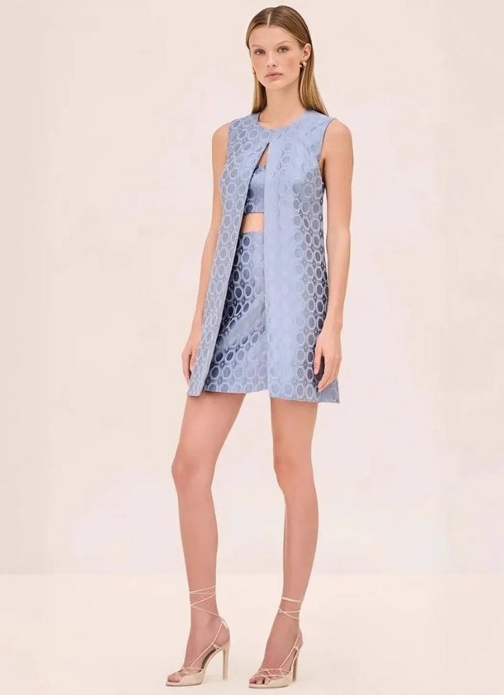 Dame nan Jacquard-til-del med ærmeløs lang vest og figursyet bustier-minikjole Skovae