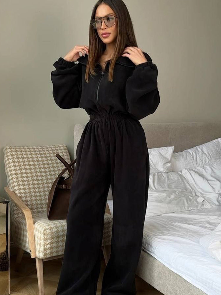 Kvinder Oversized Fleece Jumpsuit med Standkrave og Elastisk Talje Skovae