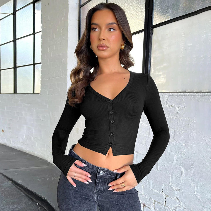 Dame cropped rib-top med knaplukning og dyb V-hals Stilla