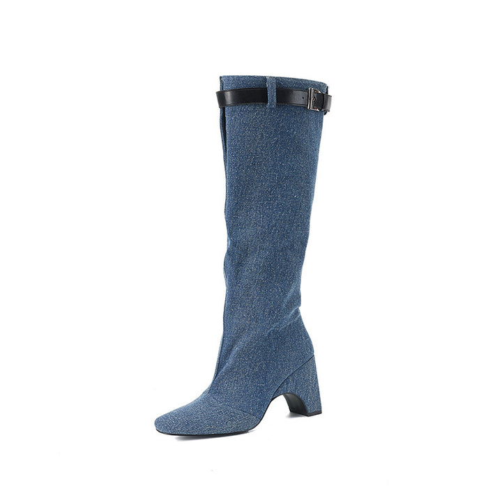 Femme Slouchy Denim Lårhøje Stiletto Støvler Stilla