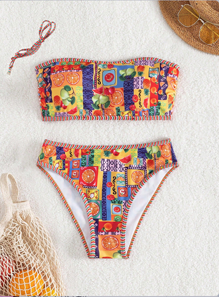 Dame Bandeau-Bikini med farverigt mønster og elastisk bund Skovae