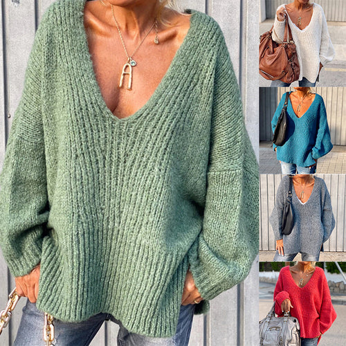 Dame afslappet V-hals sweater med volumøse ærmer og fint strukturmønster Stilla