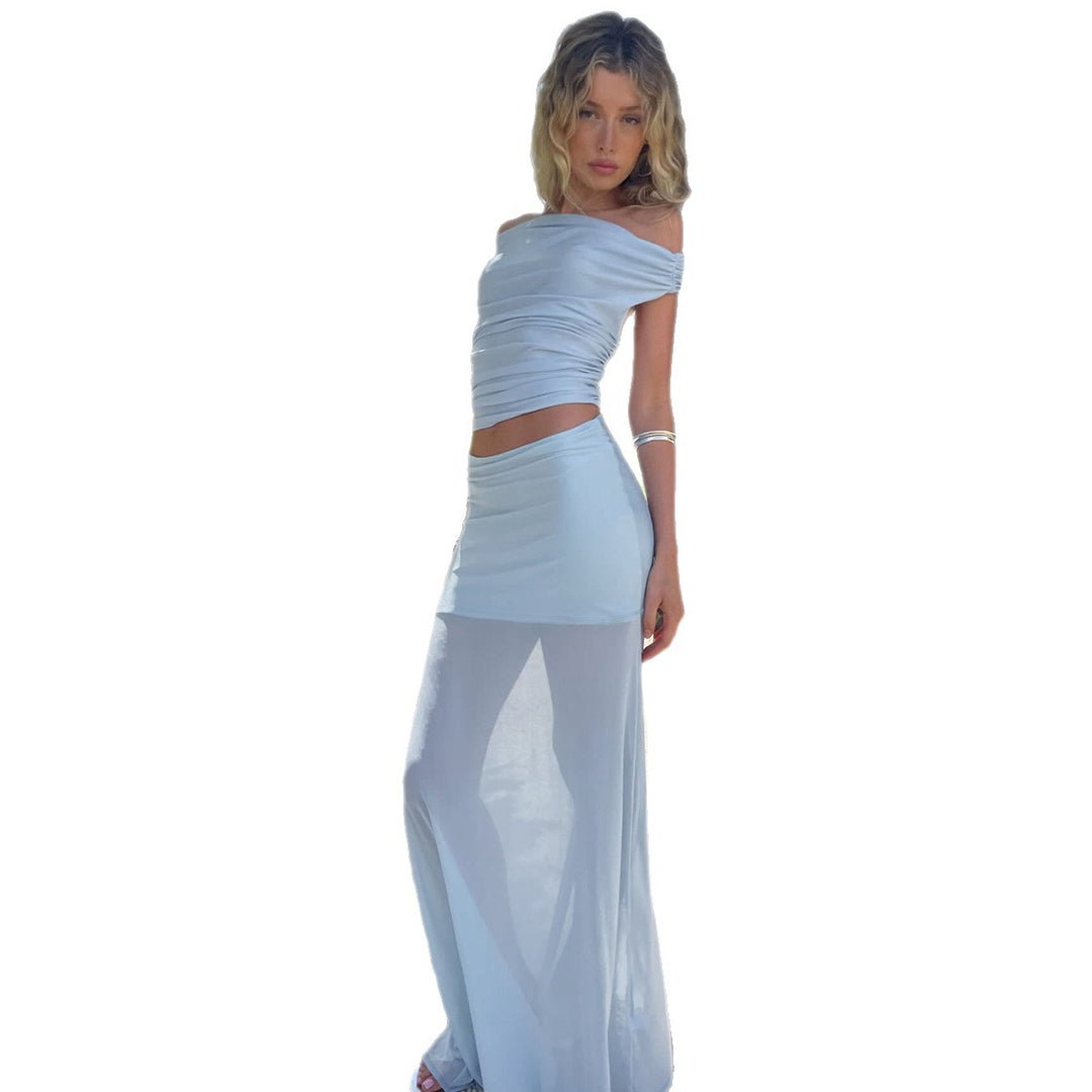 Dame Elegant Off-shoulder Maxi-Sæt med gennemsigtig Nederdel og rynket Bluse Skovae
