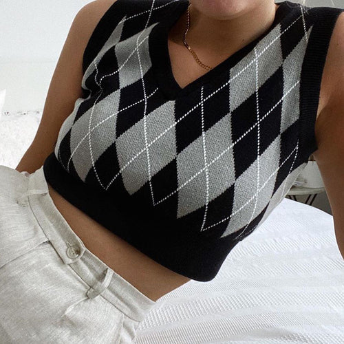 Dame cropped striktop med moderne rhombemønster Skovae