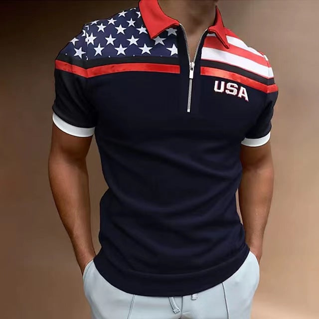 Herrer Zip-Up Performance Polo-Shirt med amerikansk flag-applikation Stilla