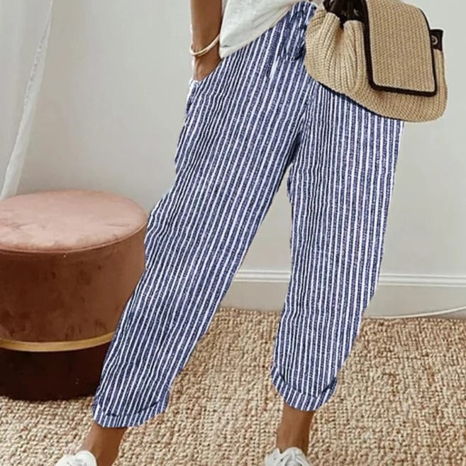 Dame stribede fritidshose med elastisk linning og praktiske lommer Stilla