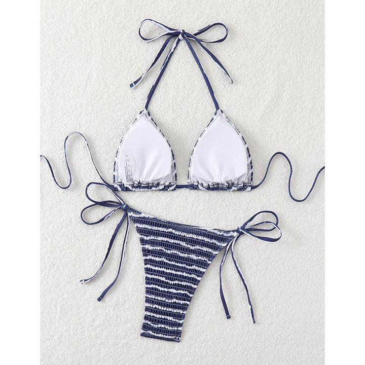 Dame triangle bikini med fint stribemønster og raffinerede bindebånd Skovae